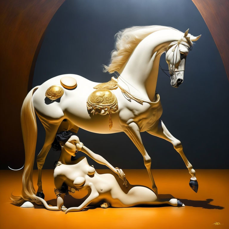 Surreal white horse painting with golden tack and melting figure on orange backdrop