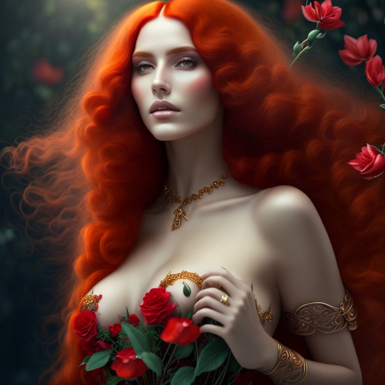 Vibrant red-haired woman with pale skin and gold jewelry among roses