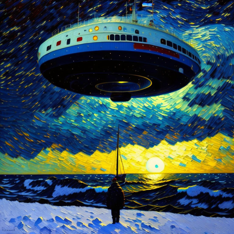 Wavy beach scene at night with UFO, Starry Night style