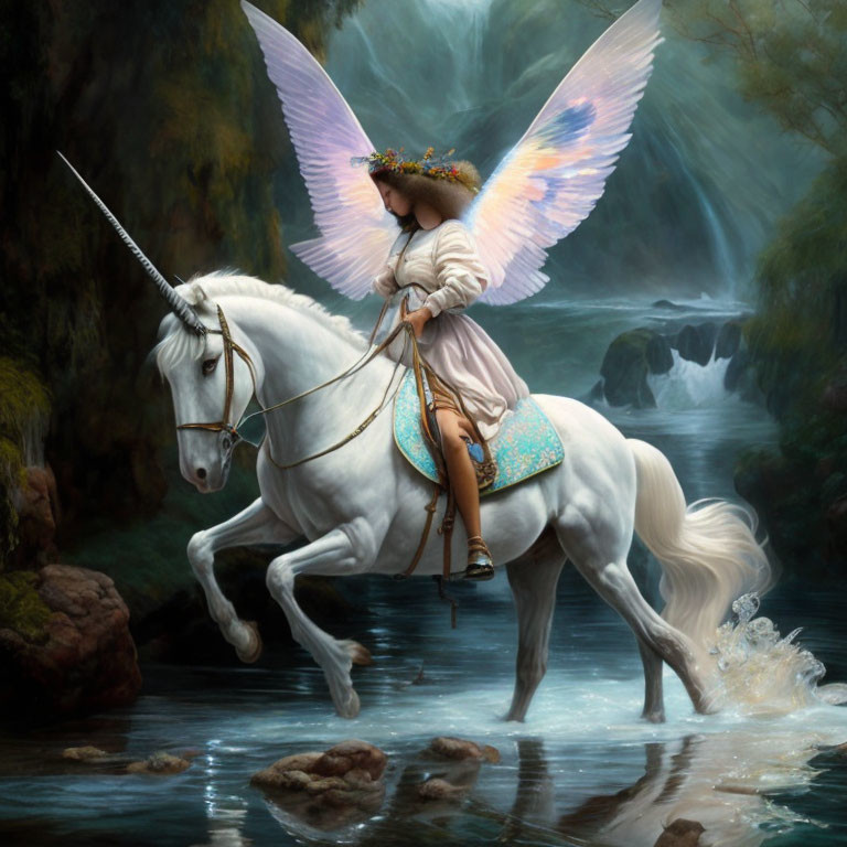 Person with flower crown riding winged unicorn through mystical forest stream