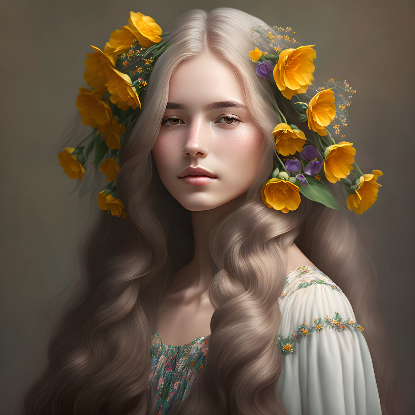 Portrait of young woman with flowing wavy hair and vibrant yellow flower wreath