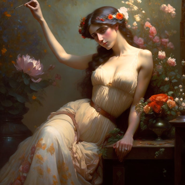 Woman in classical gown with flower crown painting in the air beside vase.