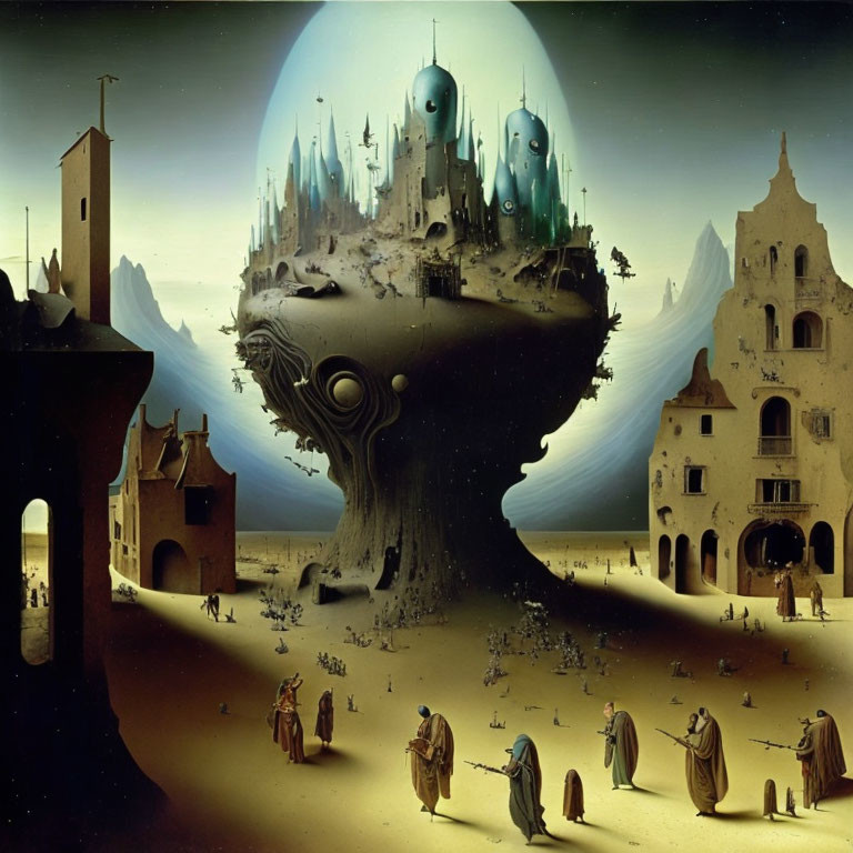 Surreal painting of giant head-shaped structure with city and robed figures