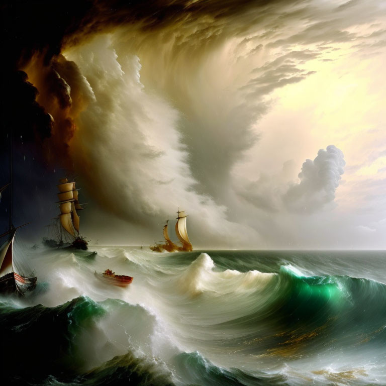 Tumultuous seas with battling sailing ships and dramatic sky