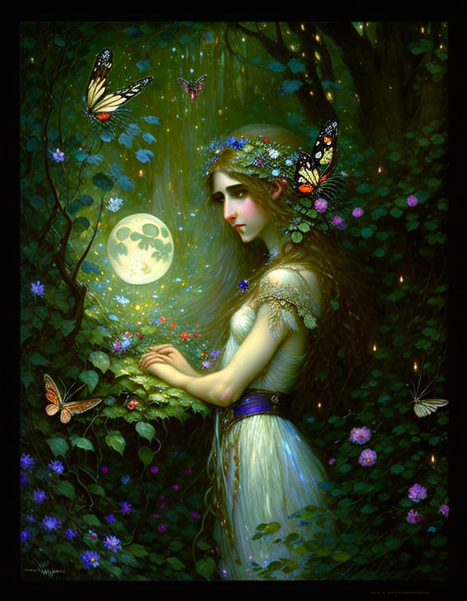 Mystical woman in forest with butterflies, moon, and lights