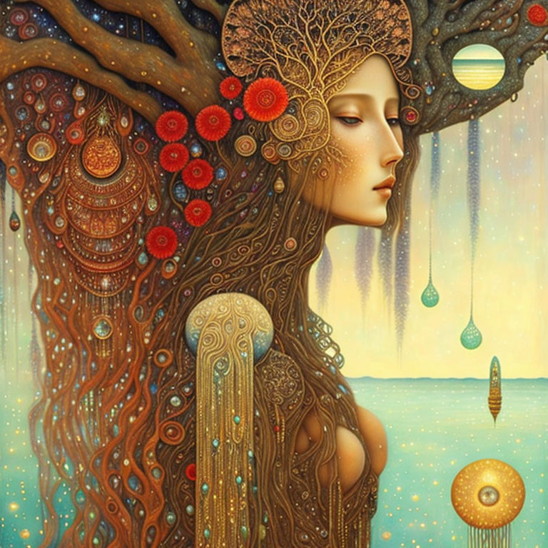 Surreal woman-tree fusion with ornate patterns and vibrant colors