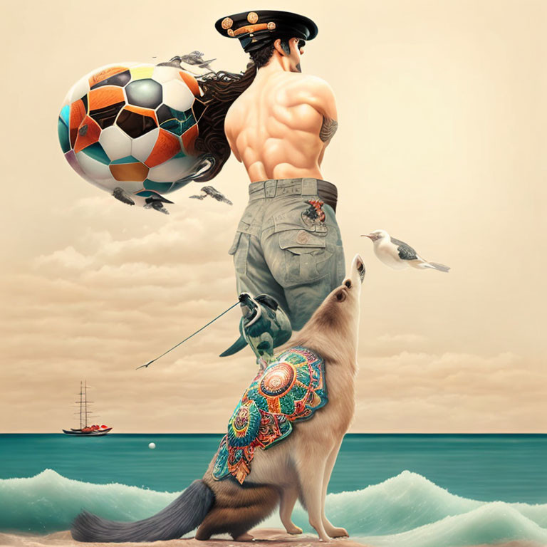 Muscular man with soccer ball head, wolf with tattoo-like pattern, seagull by calm sea