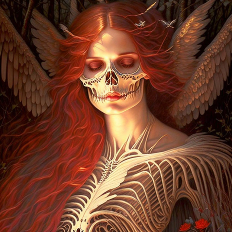 Red-haired figure with angel wings and skeletal face in dark foliage setting