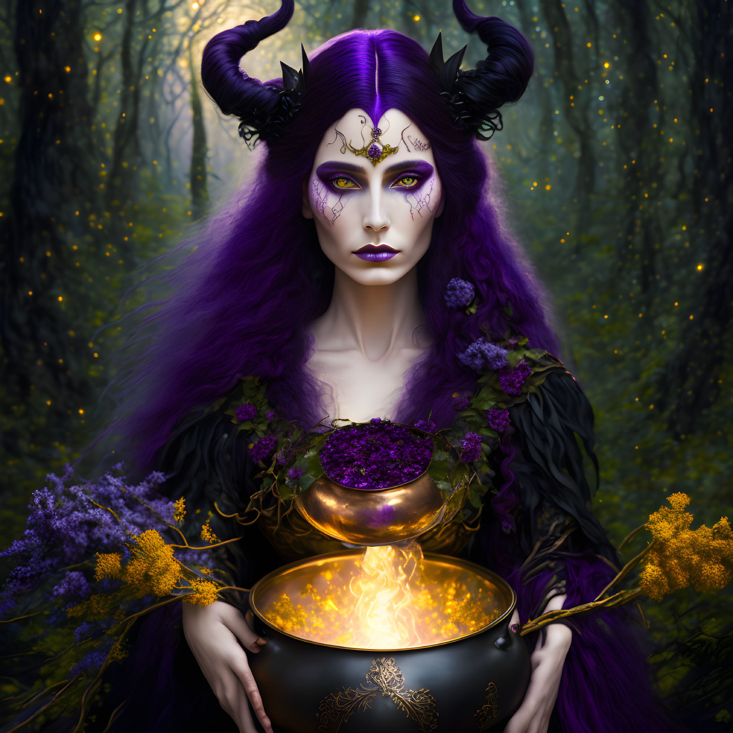 Purple-haired woman with horns and face paint holding a glowing cauldron in enchanted forest