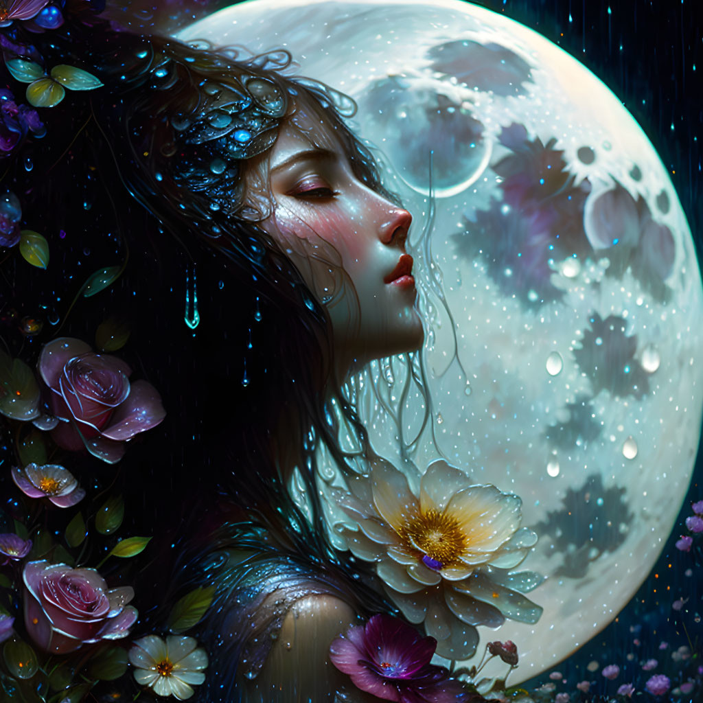 Woman with floral adornments under full moon.