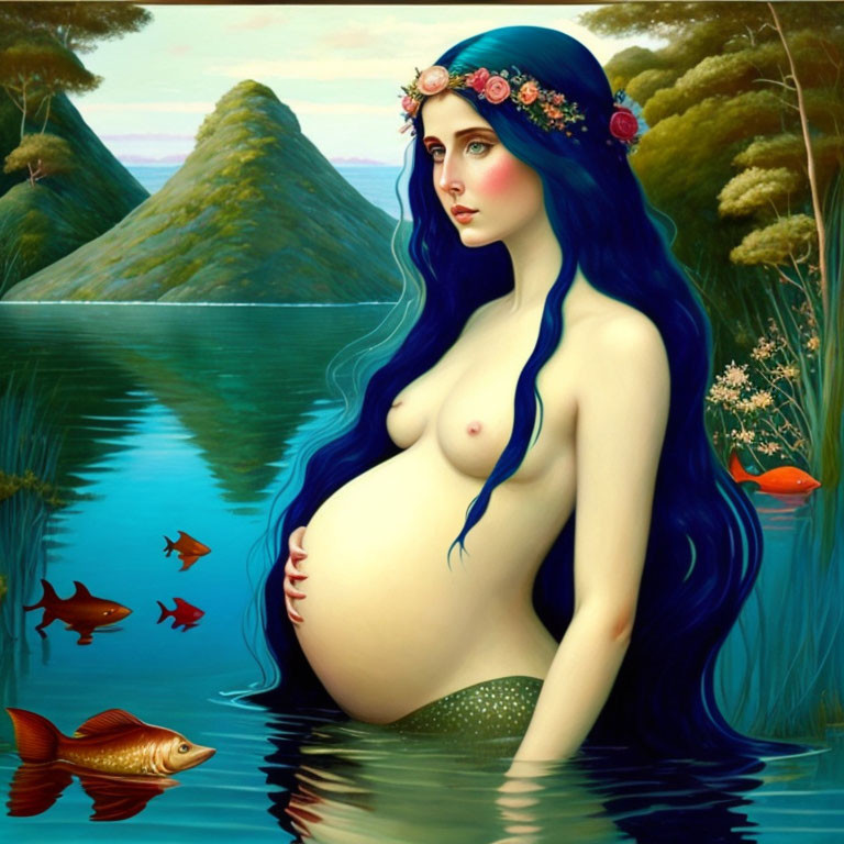 Surreal pregnant woman with blue hair in water surrounded by fish