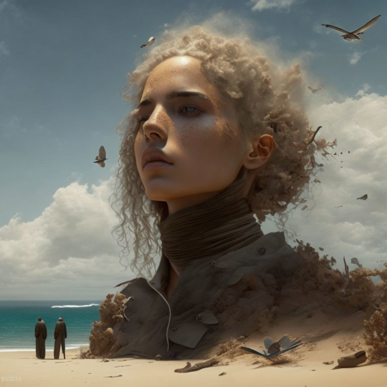 Contemplative woman merging with beach and ocean backdrop, birds flying by.