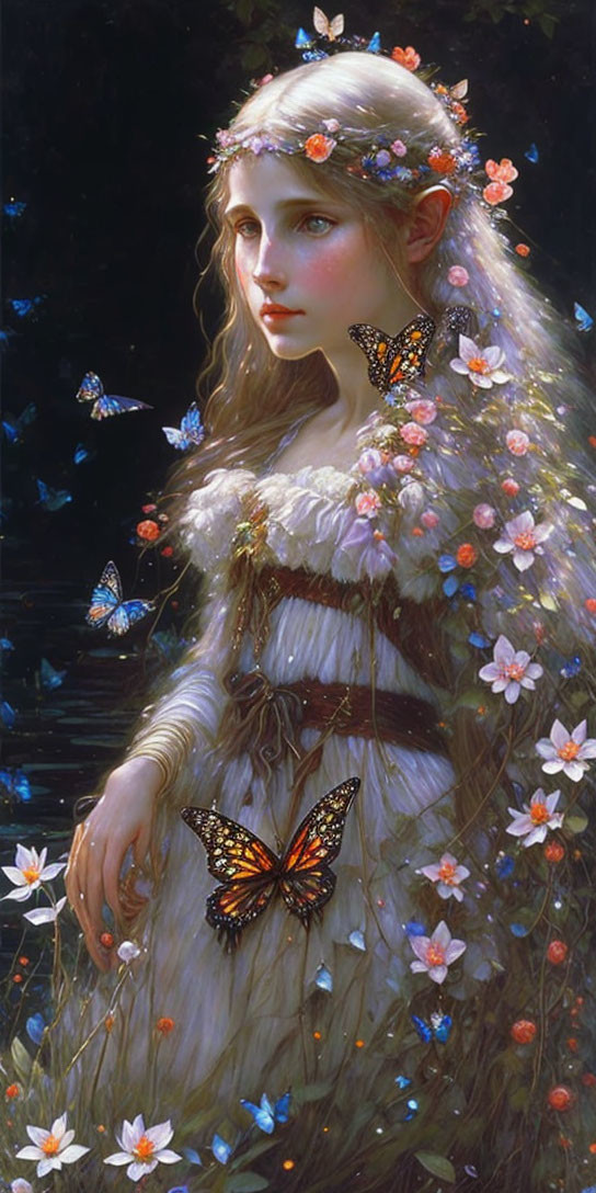 Young Woman with Fair Hair and Butterflies in Floral Setting