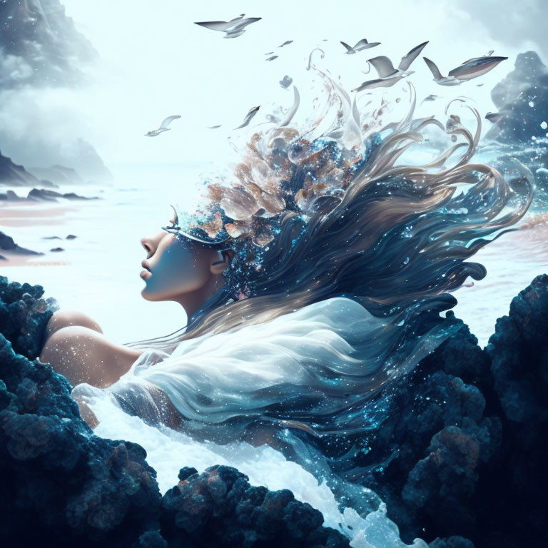 Woman's head merges with wave, surrounded by rocks and birds under cloudy sky