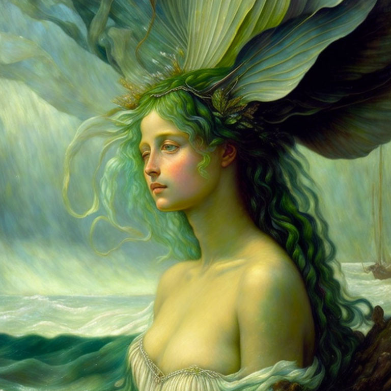 Mythical female figure with green hair and leaf crown, wings, ocean backdrop