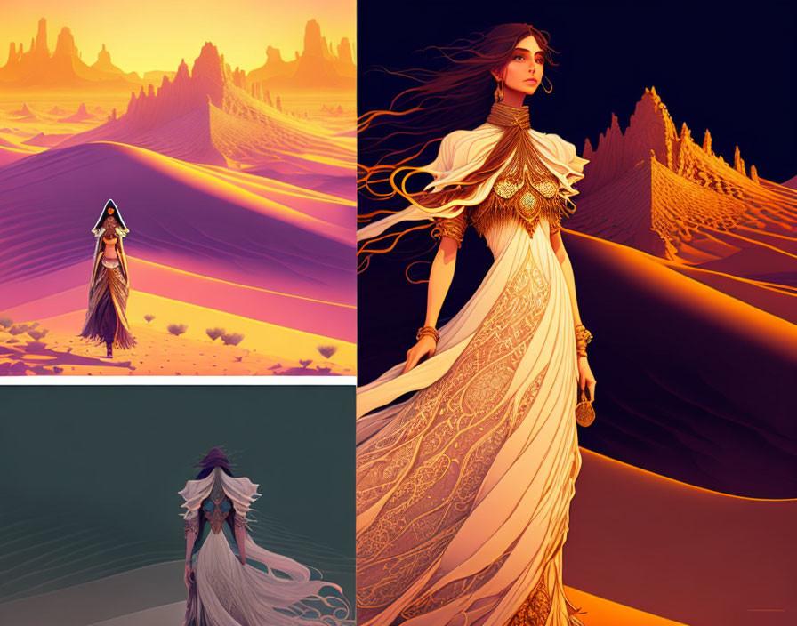 Stylized illustration of woman in ornate dress in desert at sunset