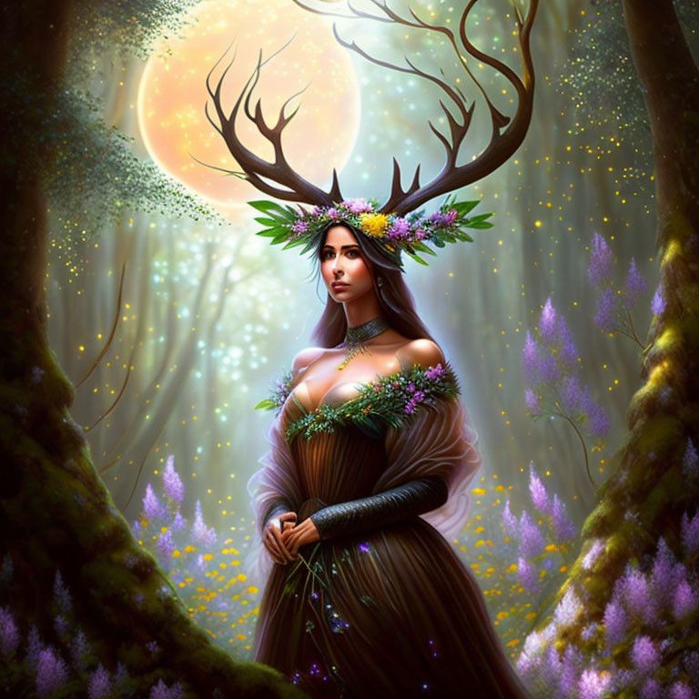 Mystical woman with antlers in forest under glowing moon