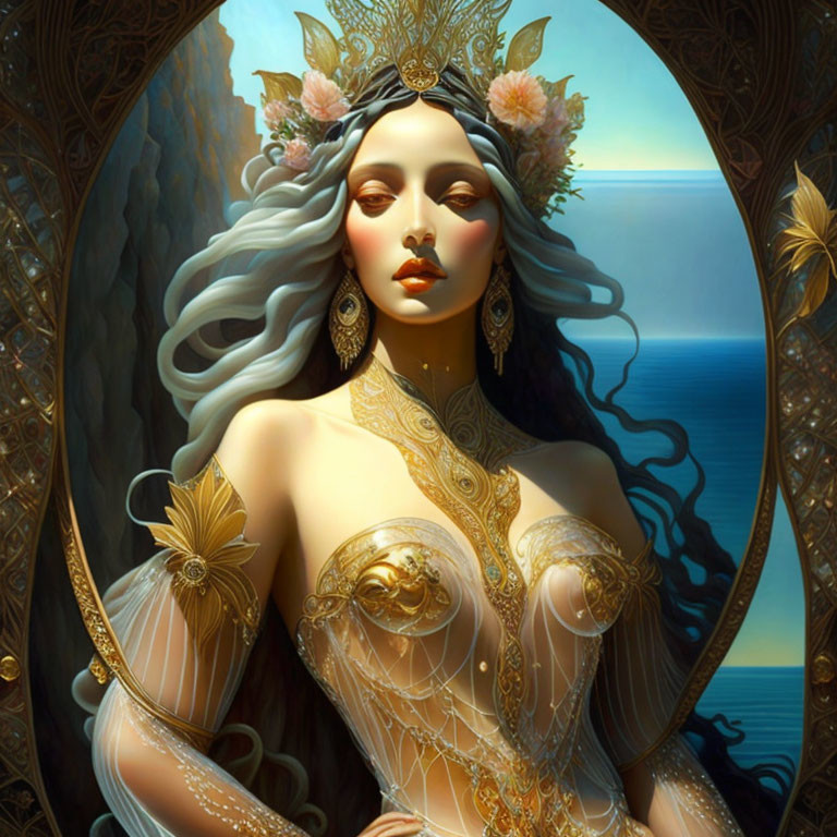 Fantastical woman adorned with golden jewelry and floral crown by the ocean