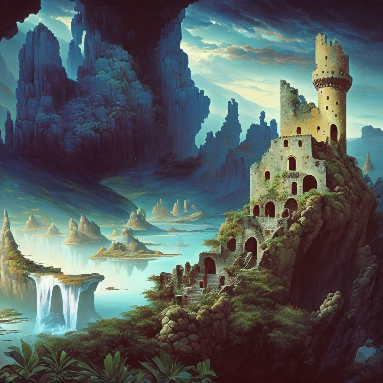 Mystical landscape with ancient castle, cliffs, waterfalls, and blue-green light