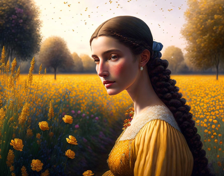 Woman with Braided Hairstyle in Yellow Dress Surrounded by Golden Flowers at Sunset