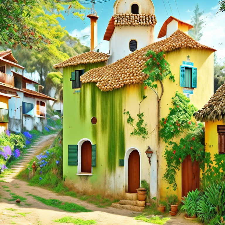 Colorful yellow house with ivy, blue shutters, red door, and bell tower in lush