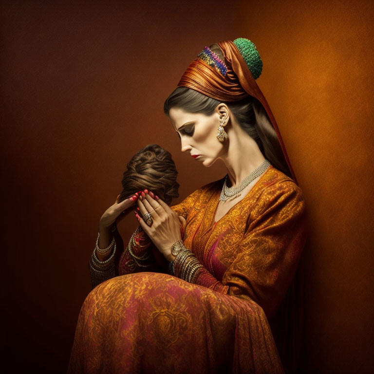 Traditional Indian Attire and Jewelry on Woman with Colorful Headpiece