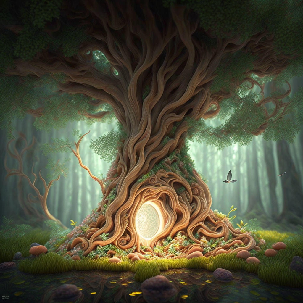 Enchanted forest scene with glowing hollow tree and mushrooms