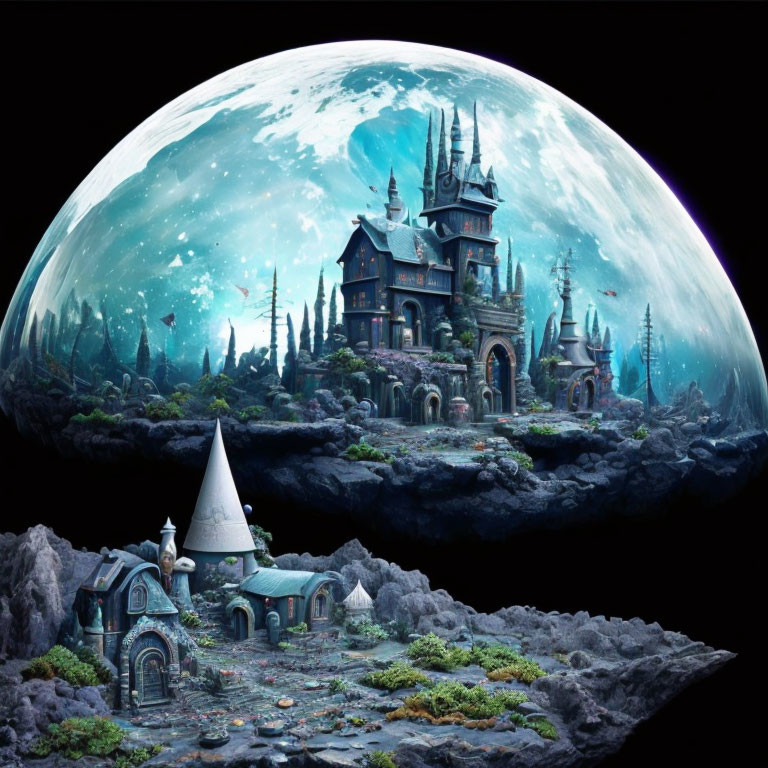 Fantasy landscape featuring gothic castles on floating rocks with giant planet and swirling clouds.