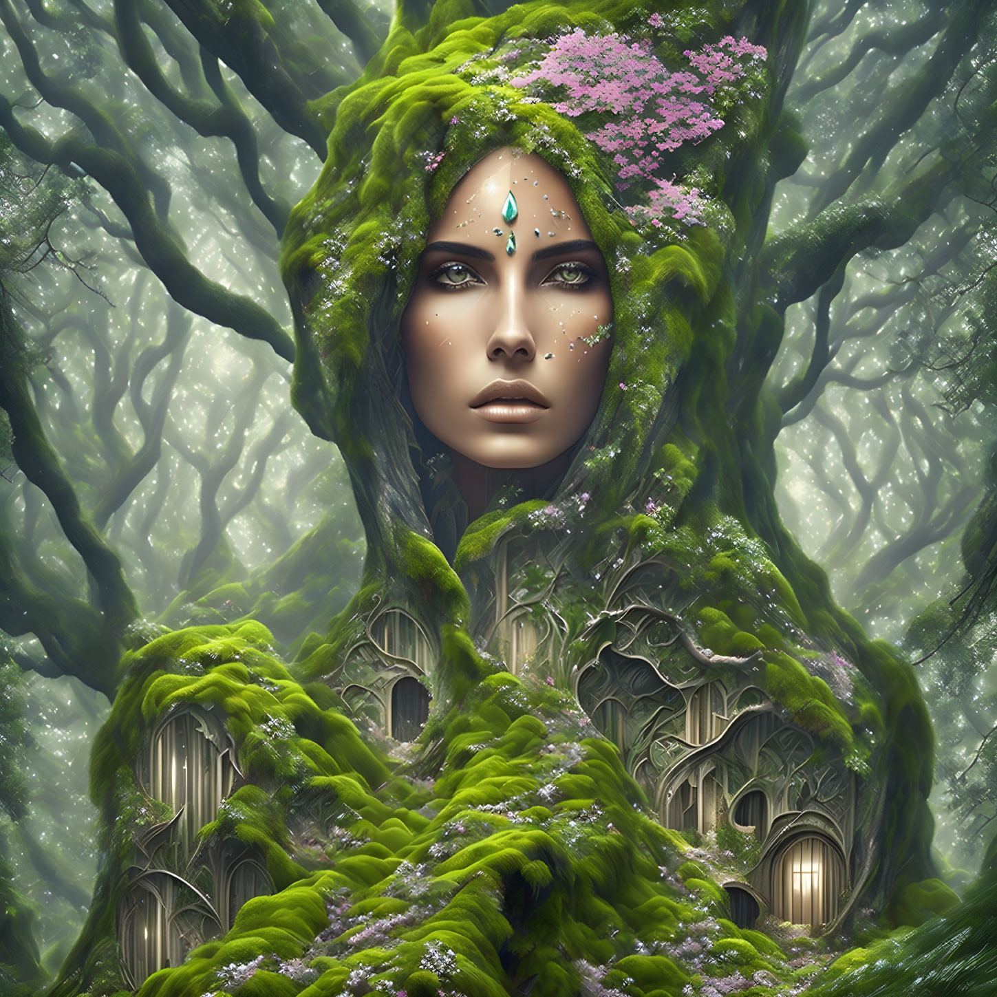 Artwork of woman's face with greenery, fantasy houses, and floral headpiece