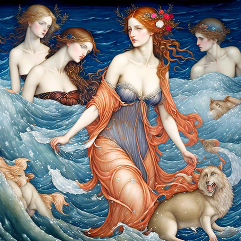 Ethereal women and sea lions merge in mythological scene