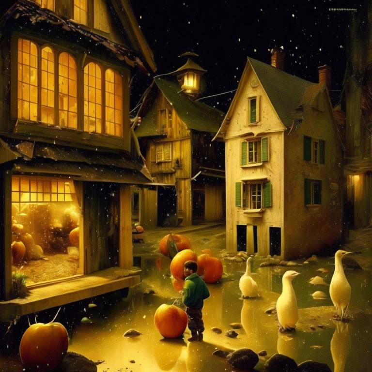 Child among pumpkins on cobblestone street at night with ducks and quaint houses.