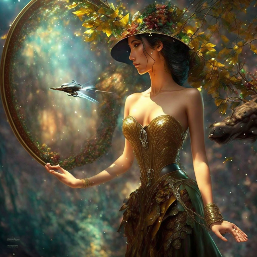 Golden corset woman in leafy skirt with luminescent hummingbird in forest circle of light