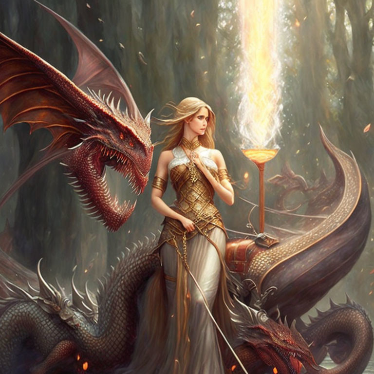 Blonde woman and dragon in misty forest with magical staff