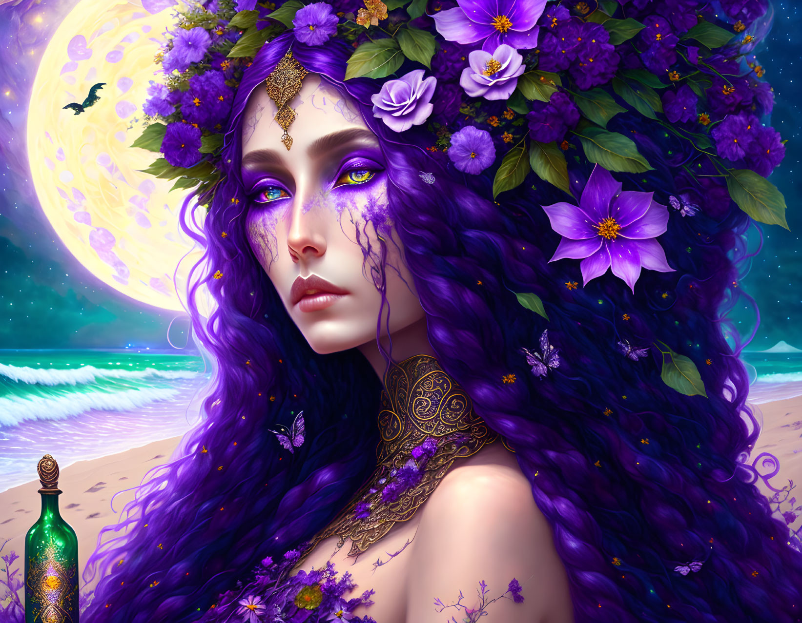 Fantasy portrait of woman with purple skin, long wavy hair, flowers, beach, and moon