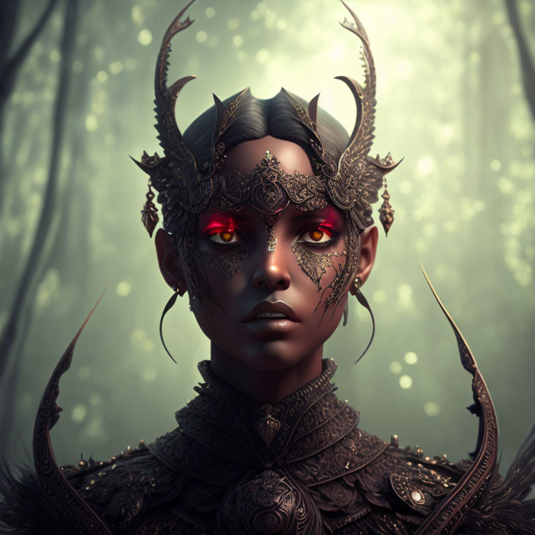 Fantasy character with ornate horns and red eyes in misty forest.