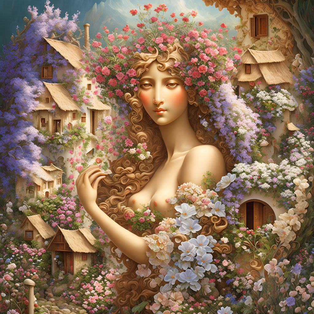 Fantasy village scene with woman and floral hair surrounded by whimsical flowers