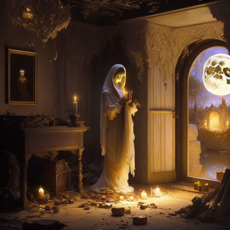 Ghostly figure in white with candle by open door in moonlit room.