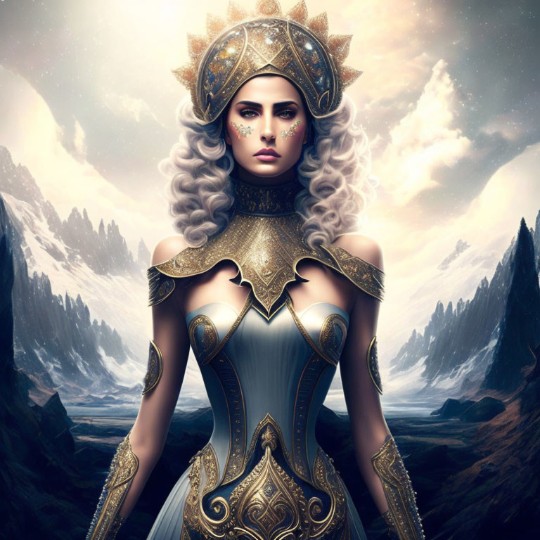 Regal woman in golden armor against mountainous backdrop