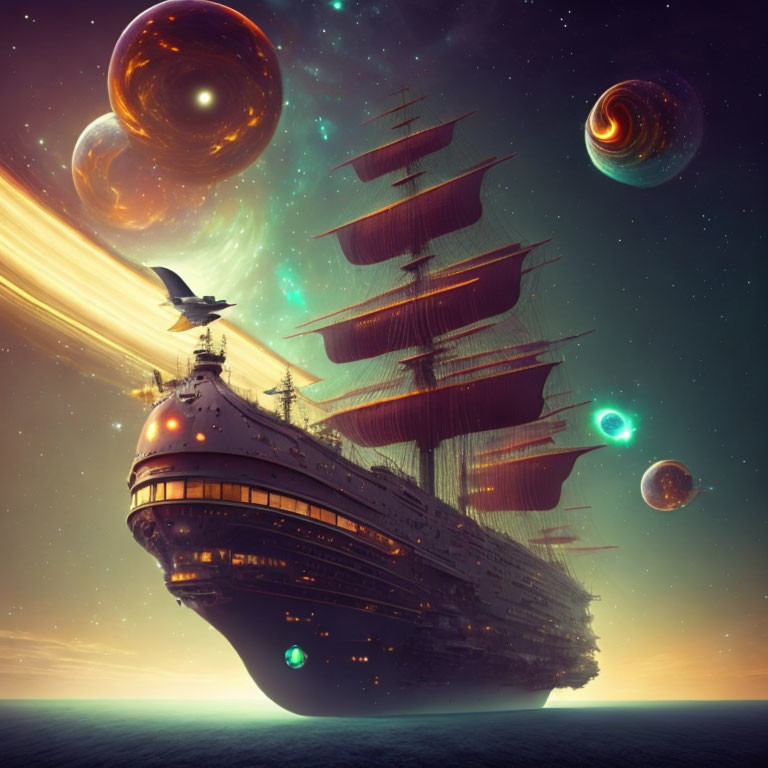 Fantastical ship with unfurled sails orbits planets and stars.