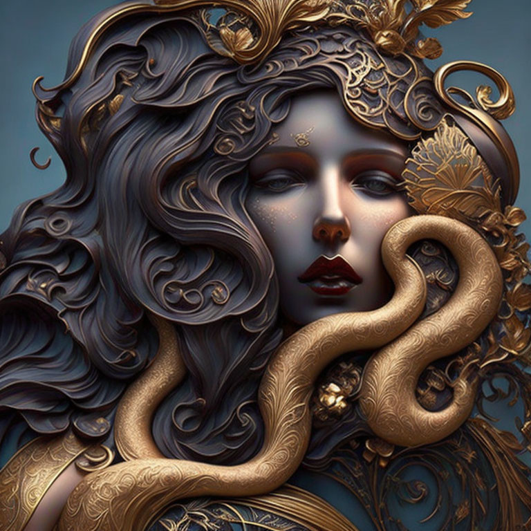 Woman with swirling hair and snake in deep blue and metallic gold hues