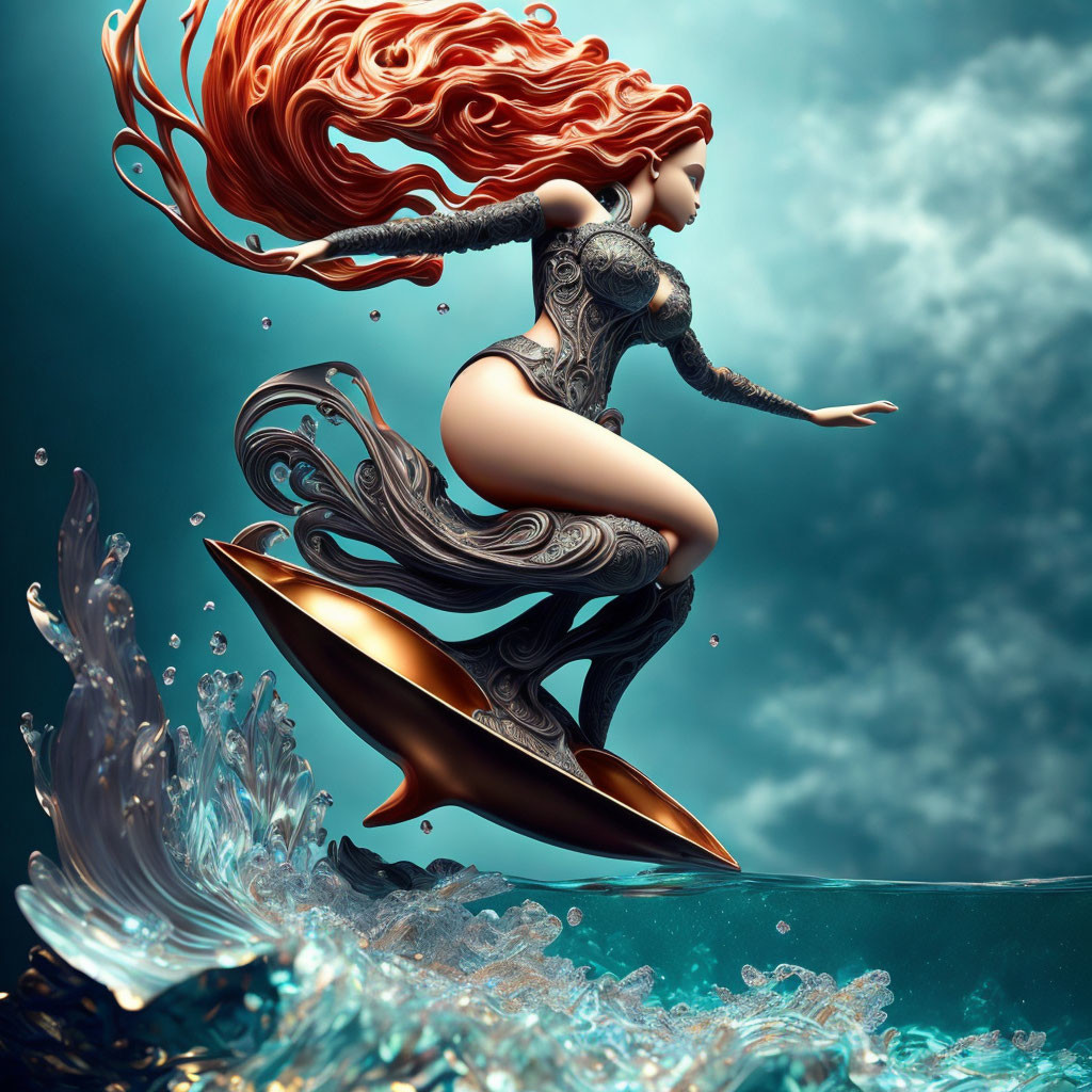 Fantastical digital artwork of female figure surfing on ornate board