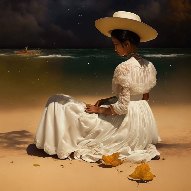 Woman in White Dress and Broad Hat on Sandy Beach at Twilight with Distant Boat and Autumn Leaves