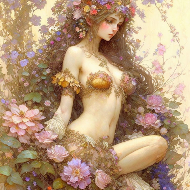 Fantasy illustration of woman with floral elements in pink and purple garden