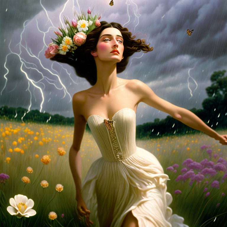 Woman in elegant dress amidst stormy sky and flower field with lightning and butterflies.