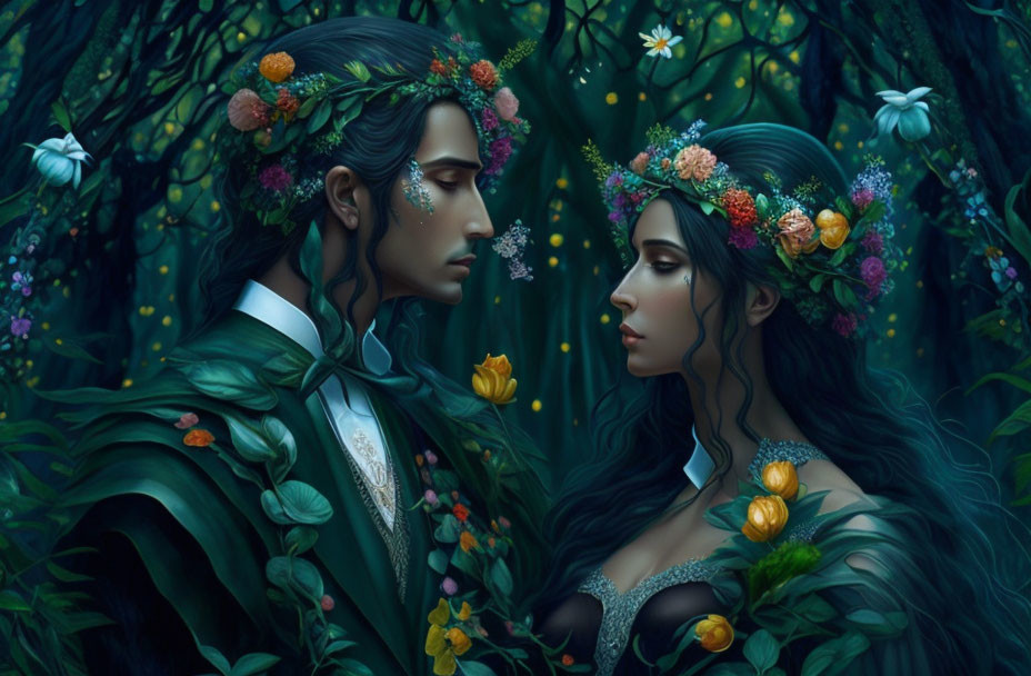 Fantastical illustration of man and woman in floral attire in enchanted forest