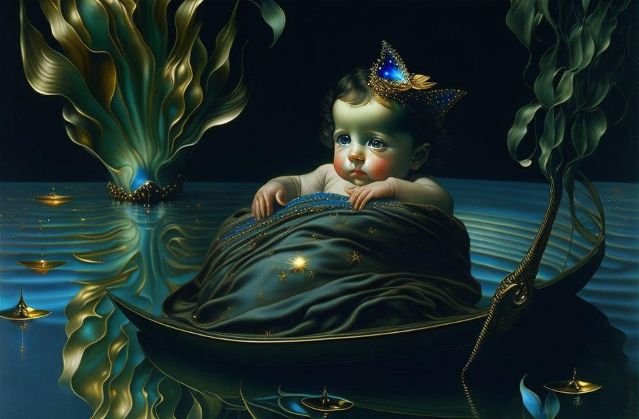 Surreal painting: Baby on blue cushion with golden lotus flowers