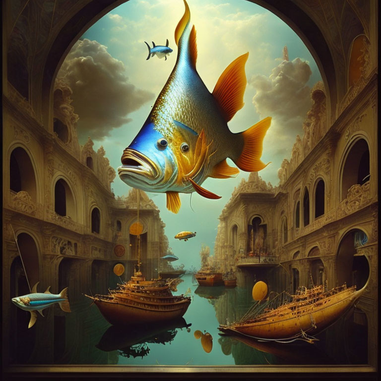 Surreal oversized fish swim above Venetian-like architecture in golden sky