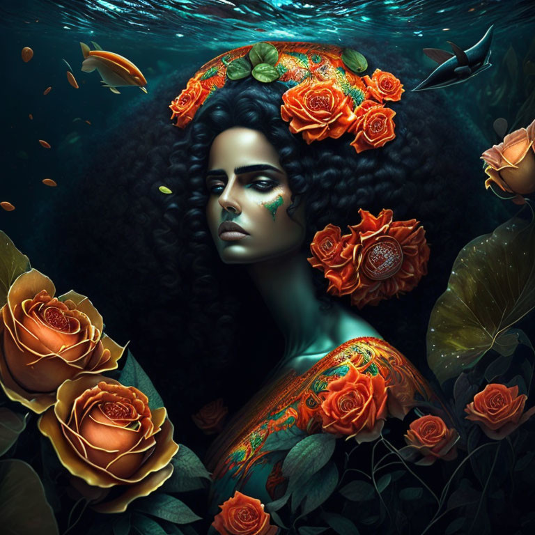 Portrait of woman with curly hair and orange roses in dark water with fish and lily pads