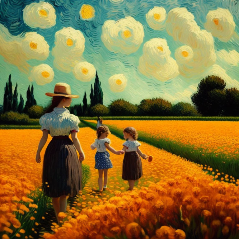 Woman and children in vibrant field of yellow flowers with Van Gogh-style sky