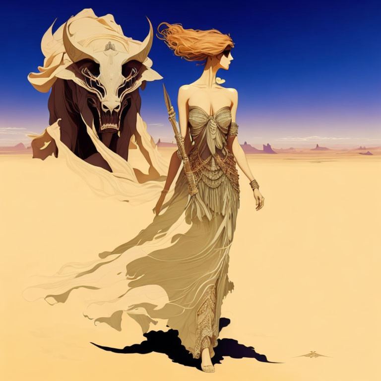 Illustration of woman in flowing gown with ghostly bull's skull in desert